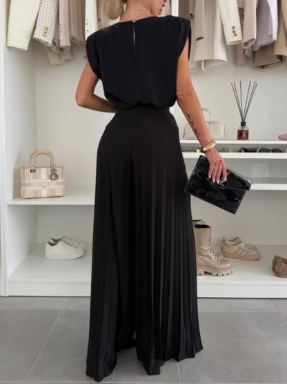 Round Neck Sleeveless Top and Wide Leg Pants Two-Piece Set
