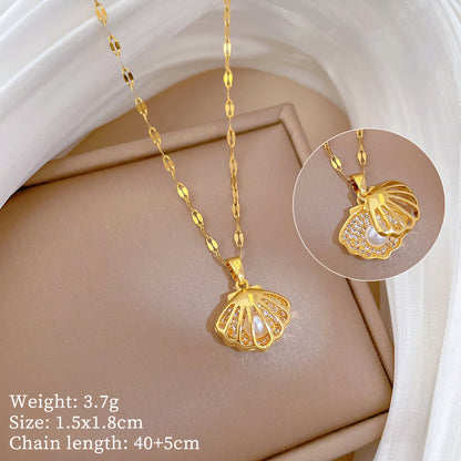 Titanium Steel Diamond Micro Zircon Hollow Shell Pearl Necklace