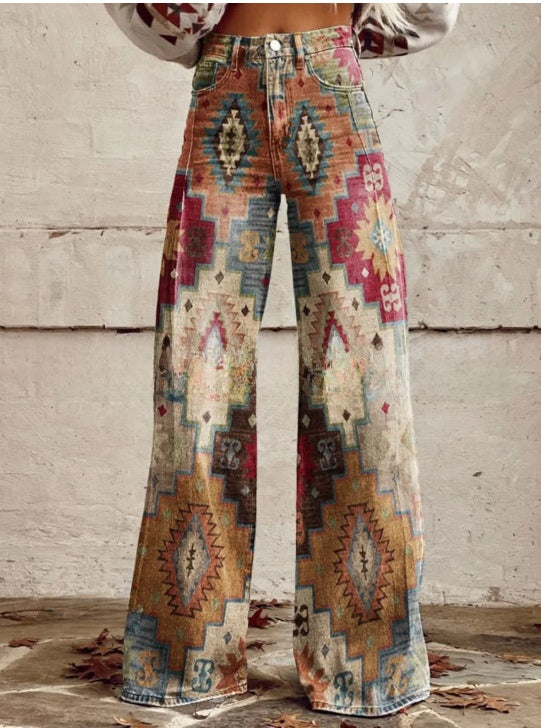 Digital Printed Five-Pointed Star Faux Denim Wide-Leg Pants, 3D Flared Trousers