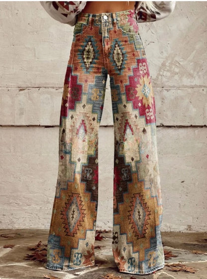 Digital Printed Five-Pointed Star Faux Denim Wide-Leg Pants, 3D Flared Trousers