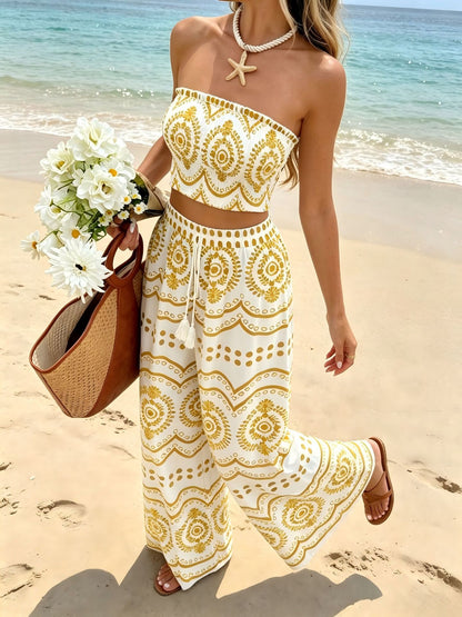 Print Tube Top and Wide Leg Pants Set
