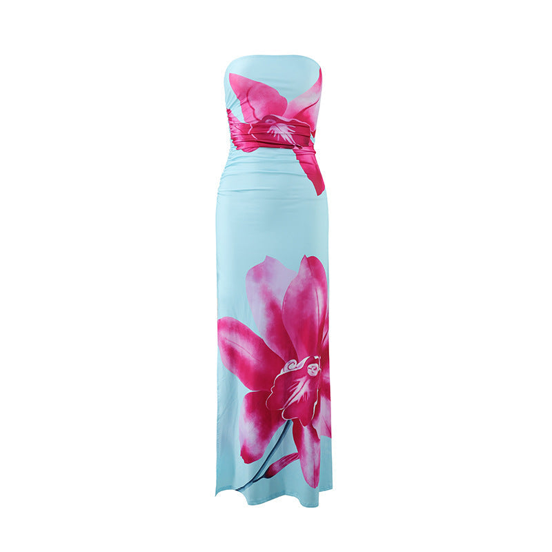 Elegant Slim Fit Floral Print Tube Dress Drip Depot