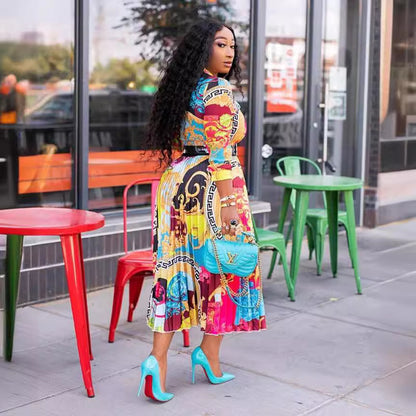African print long dress in large size with a bow-shaped collar and three-quarter sleeves