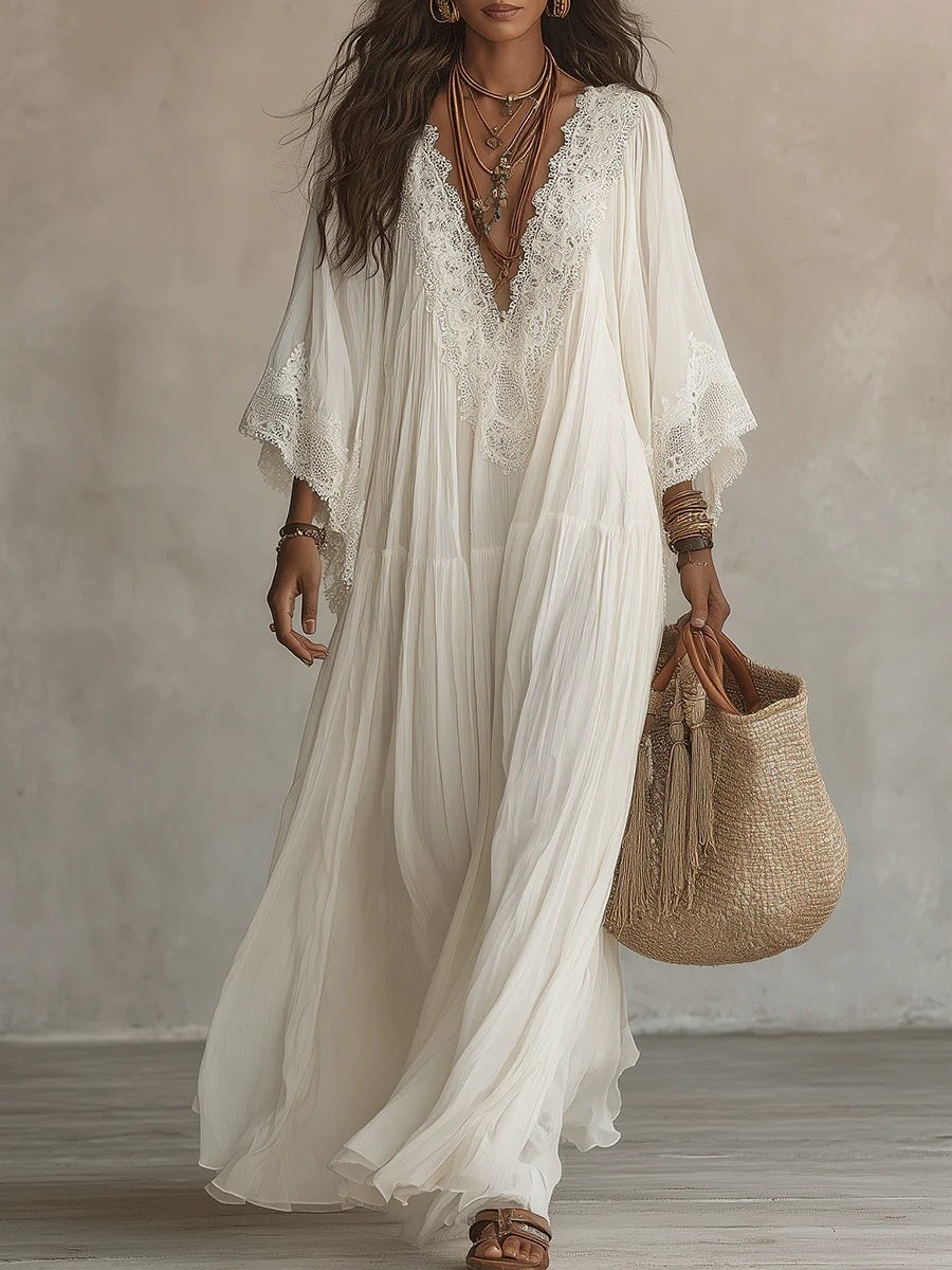 Lace Patchwork V-Neck Long Dress