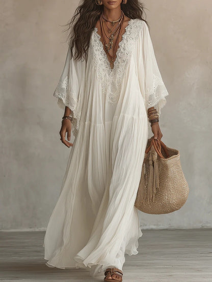 Lace Patchwork V-Neck Long Dress