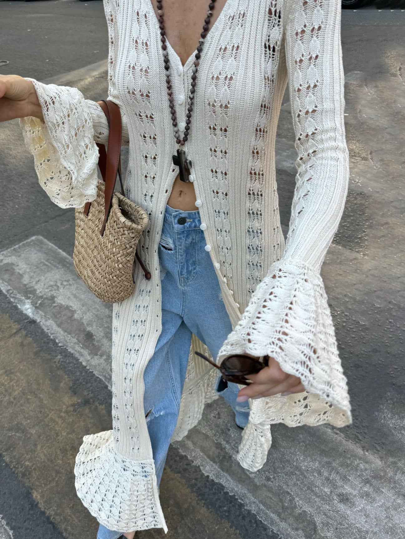 Long Knitted Cardigan with Crochet Detail