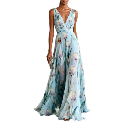 Floral Print V-Neck Sleeveless Long Dress