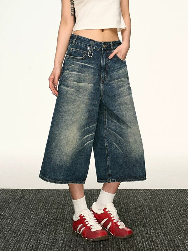 Vintage Washed Denim Wide-Leg Cropped Pants Drip Depot