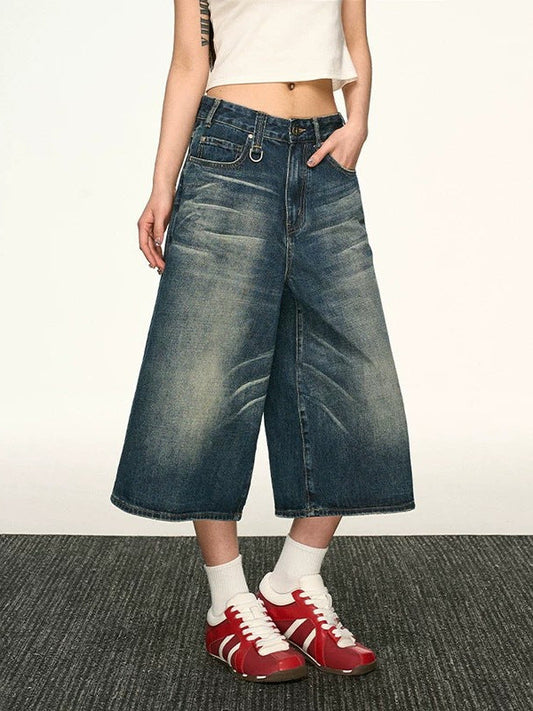 Vintage Washed Denim Wide-Leg Cropped Pants Drip Depot
