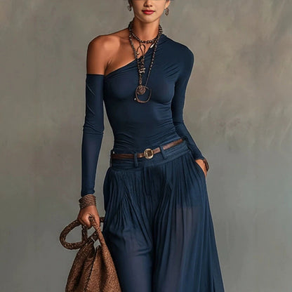 Solid Color Simple One-Shoulder Long-Sleeve Casual Set Long Dress