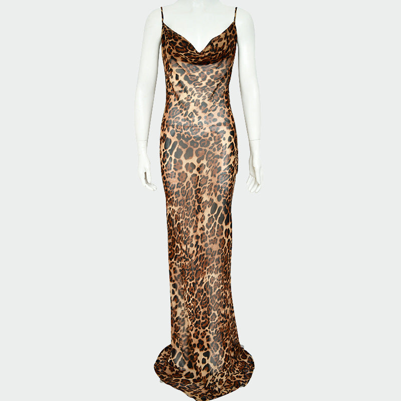 Women's Leopard Print Open Back Long Dress Drip Depot