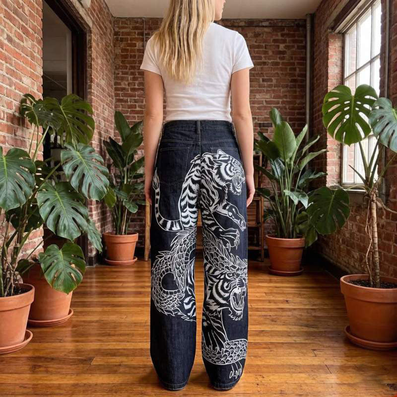 Y2K Dragon Tiger Print Drawstring Denim Pants Drip Depot