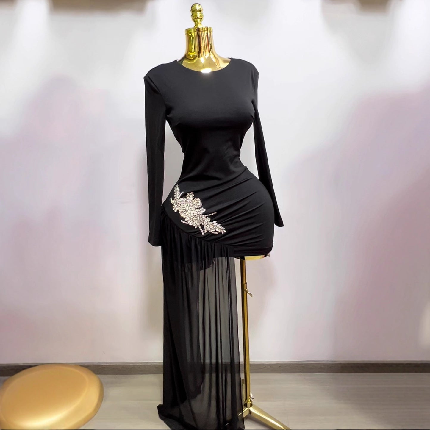 Diamond Rhinestone Slim Fit Long Sleeve Dress