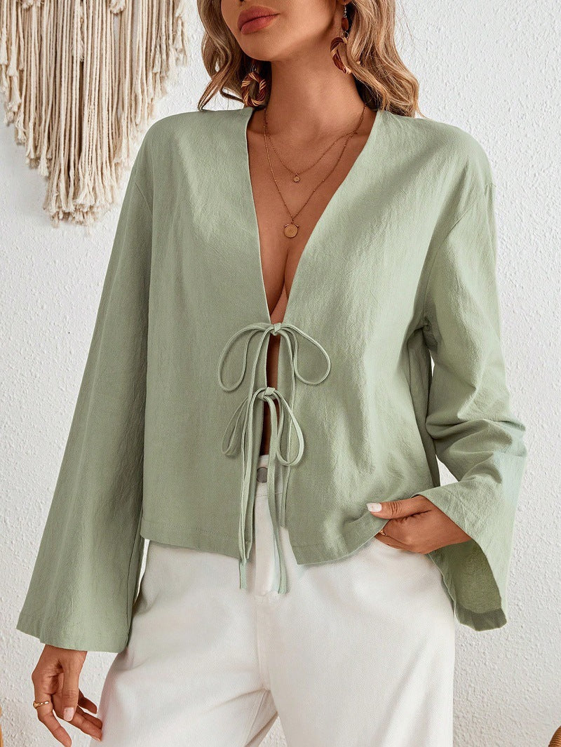 Women's Lace-Up Bell Sleeve Blouse