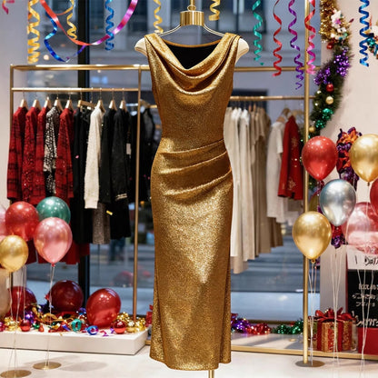 Silk Draped Collar Evening Gown
