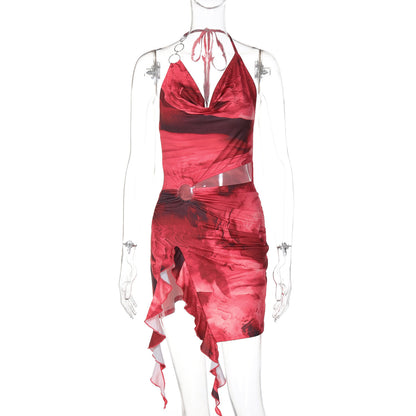 printing sexy backless lace dress