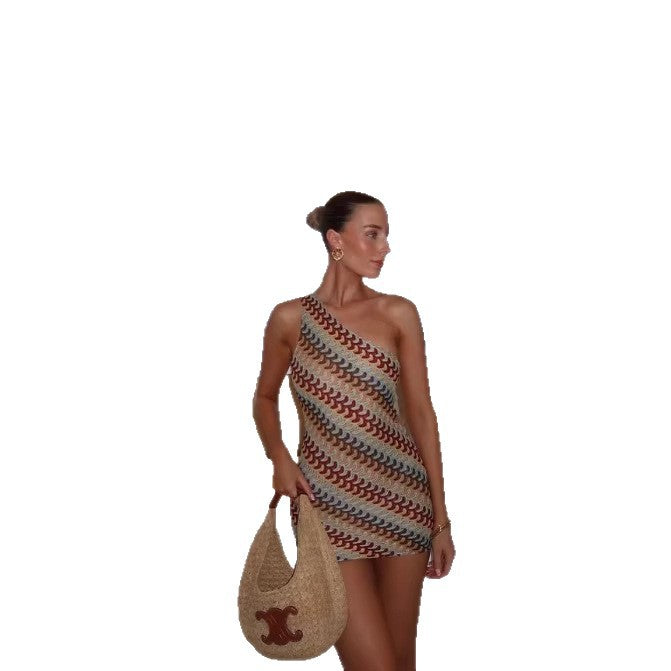 Slim-Fit Yarn-Dyed Diagonal Collar Stretch Dress
