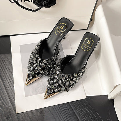 Beaded Pointed Toe High Heel Slippers