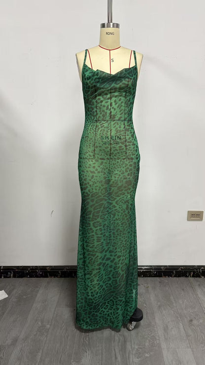 Women's Leopard Print Open Back Long Dress Drip Depot