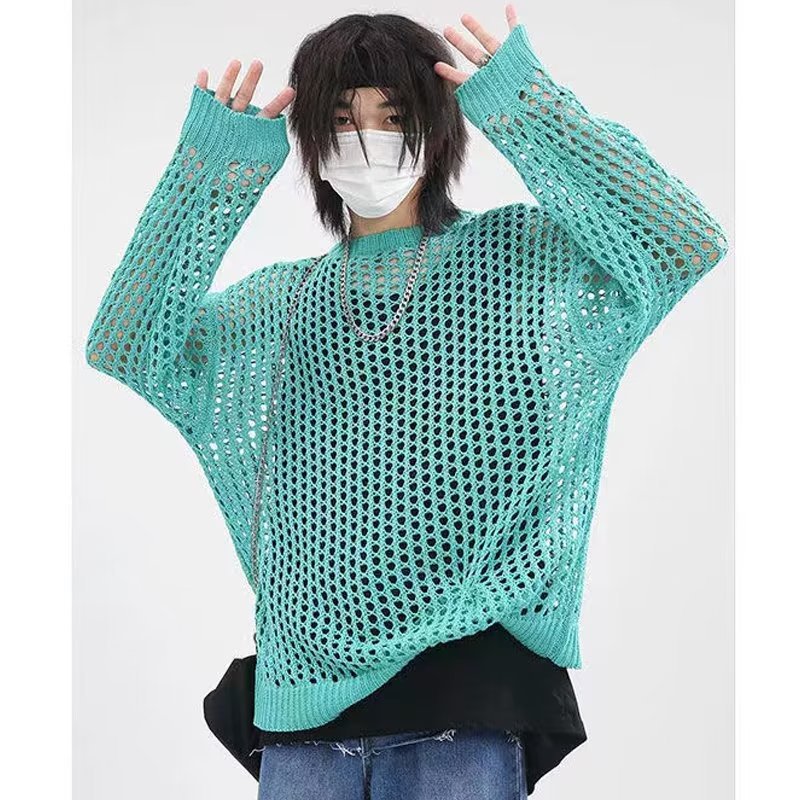 Hollow Loose Knitwear Mesh Round Neck Tops