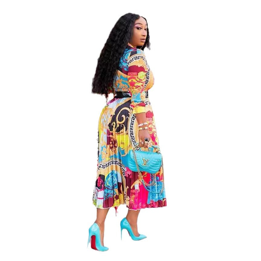African print long dress in large size with a bow-shaped collar and three-quarter sleeves