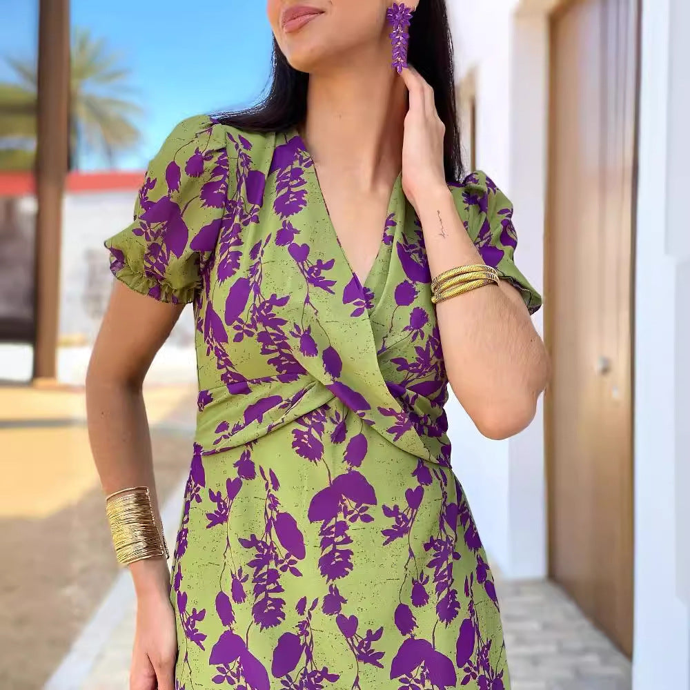 Womens Floral Print Pleated Dress