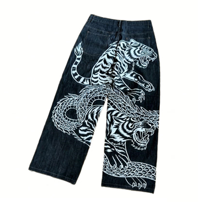 Y2K Dragon Tiger Print Drawstring Denim Pants Drip Depot