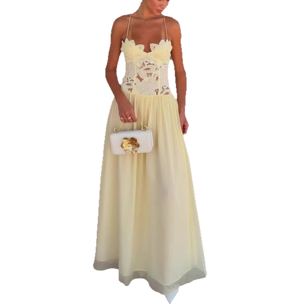 Cream Floral Lace Cross Back Long Dress