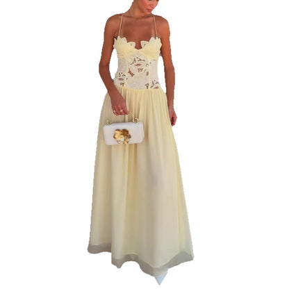 Cream Floral Lace Cross Back Long Dress