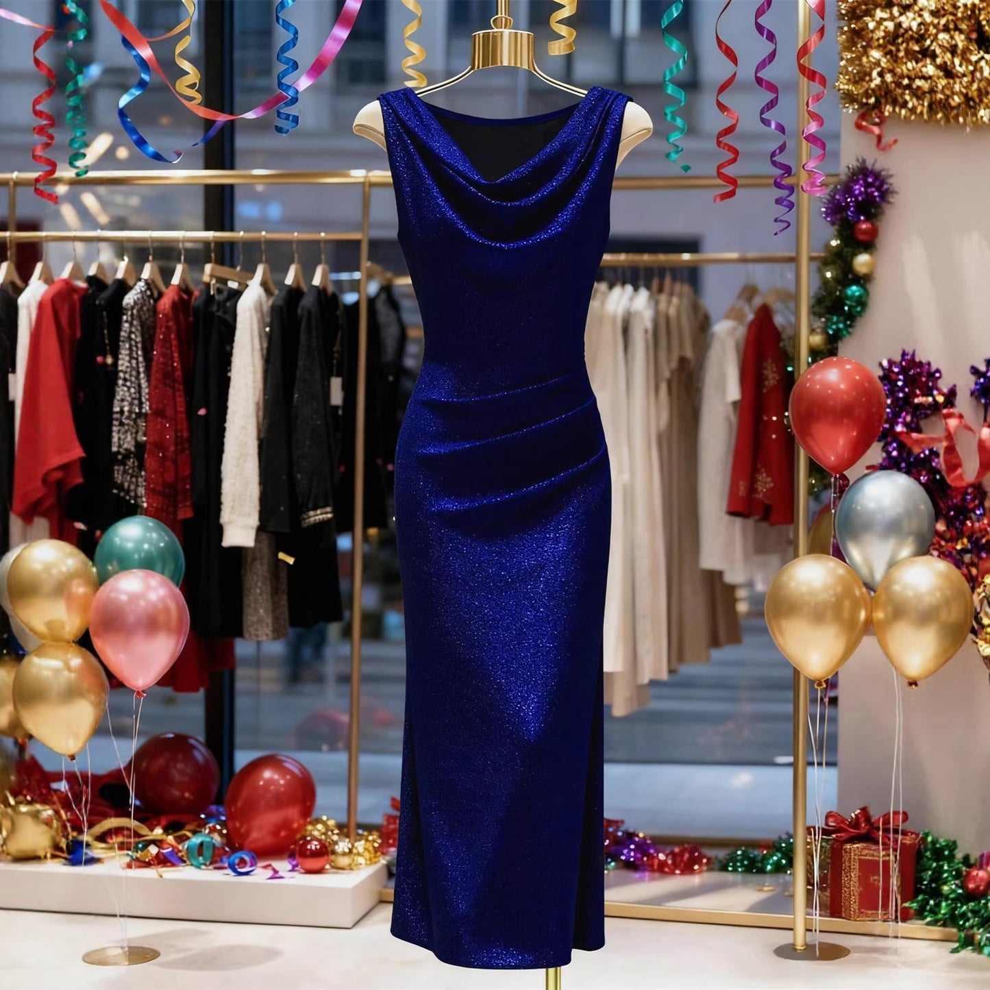 Silk Draped Collar Evening Gown