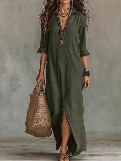 Womens Casual Solid Color V-Neck Slit Dress