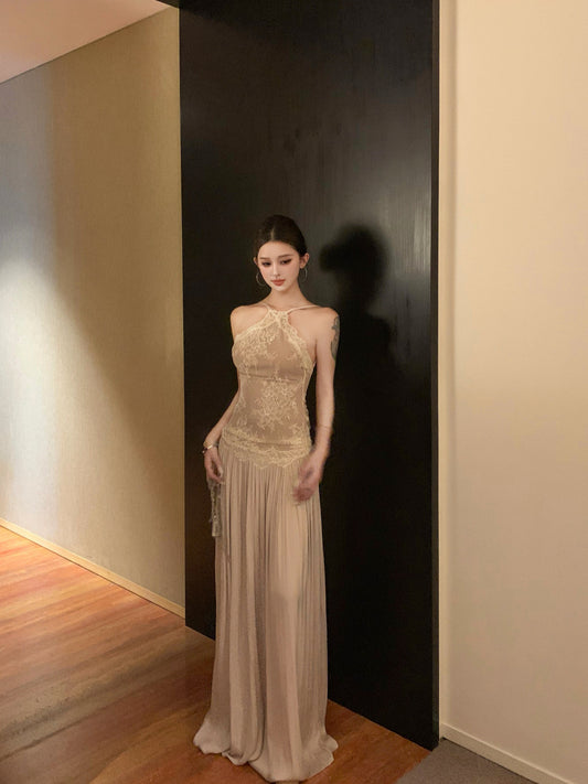 French-Style Lace Patchwork Strapless Long Dress