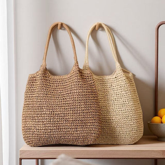 Hand-Woven Straw Tote Bag with Shoulder Strap