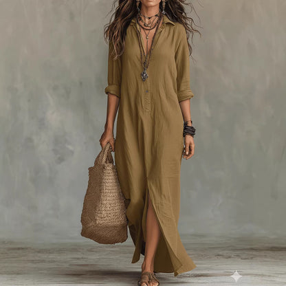 Womens Casual Solid Color V-Neck Slit Dress