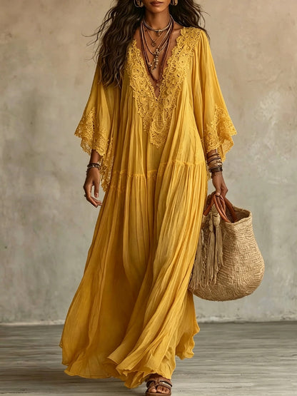 Lace Patchwork V-Neck Long Dress