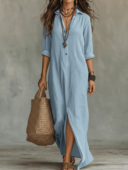 Womens Casual Solid Color V-Neck Slit Dress