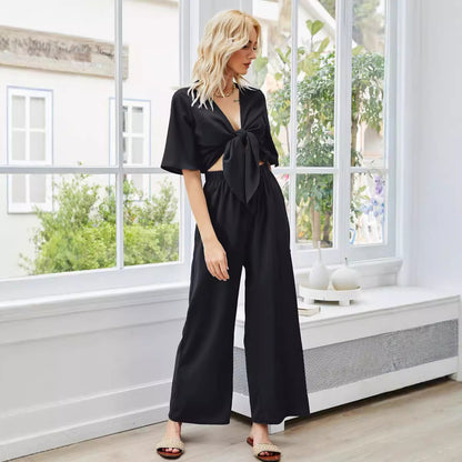 Womens V-Neck Hollow Wide Leg Jumpsuit