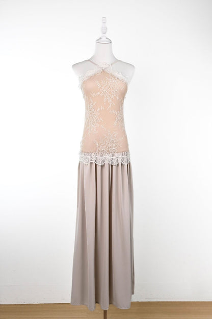French-Style Lace Patchwork Strapless Long Dress