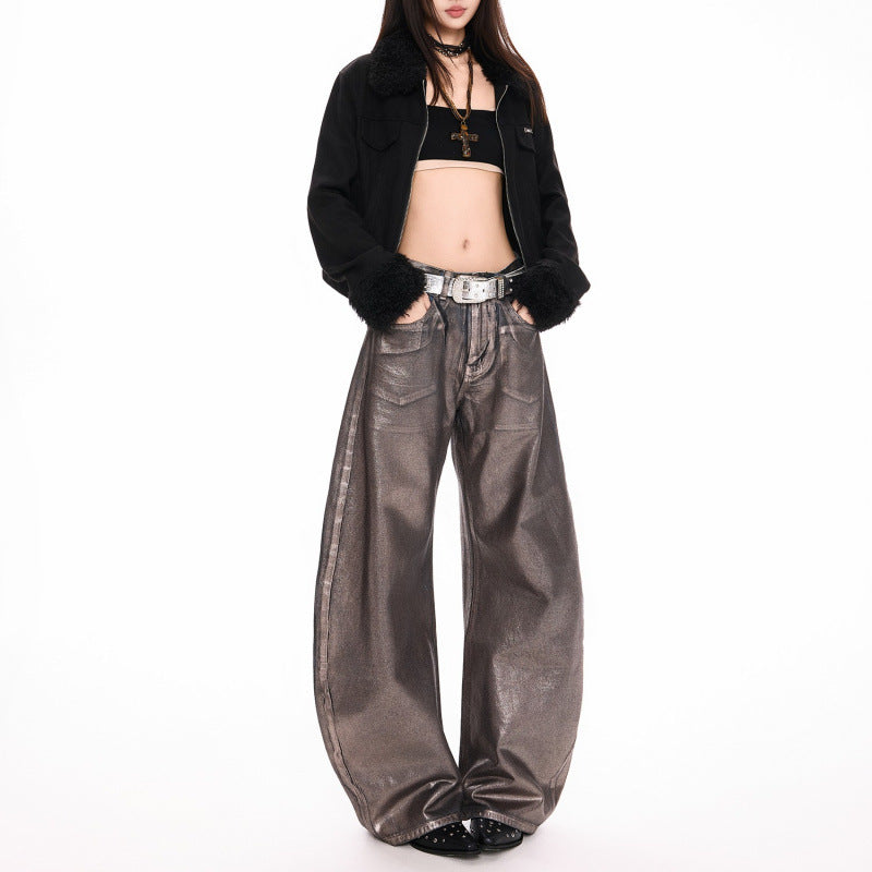 Silver Embellished Denim Wide Leg Pants