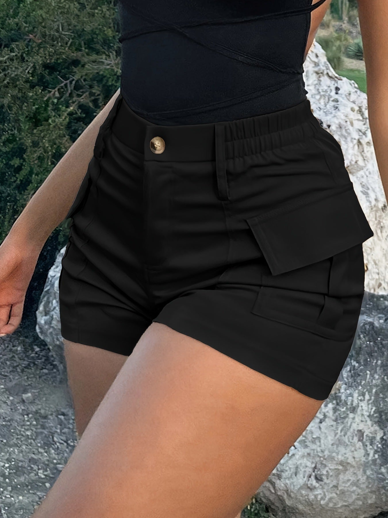 High Waist Button Front Cargo Shorts