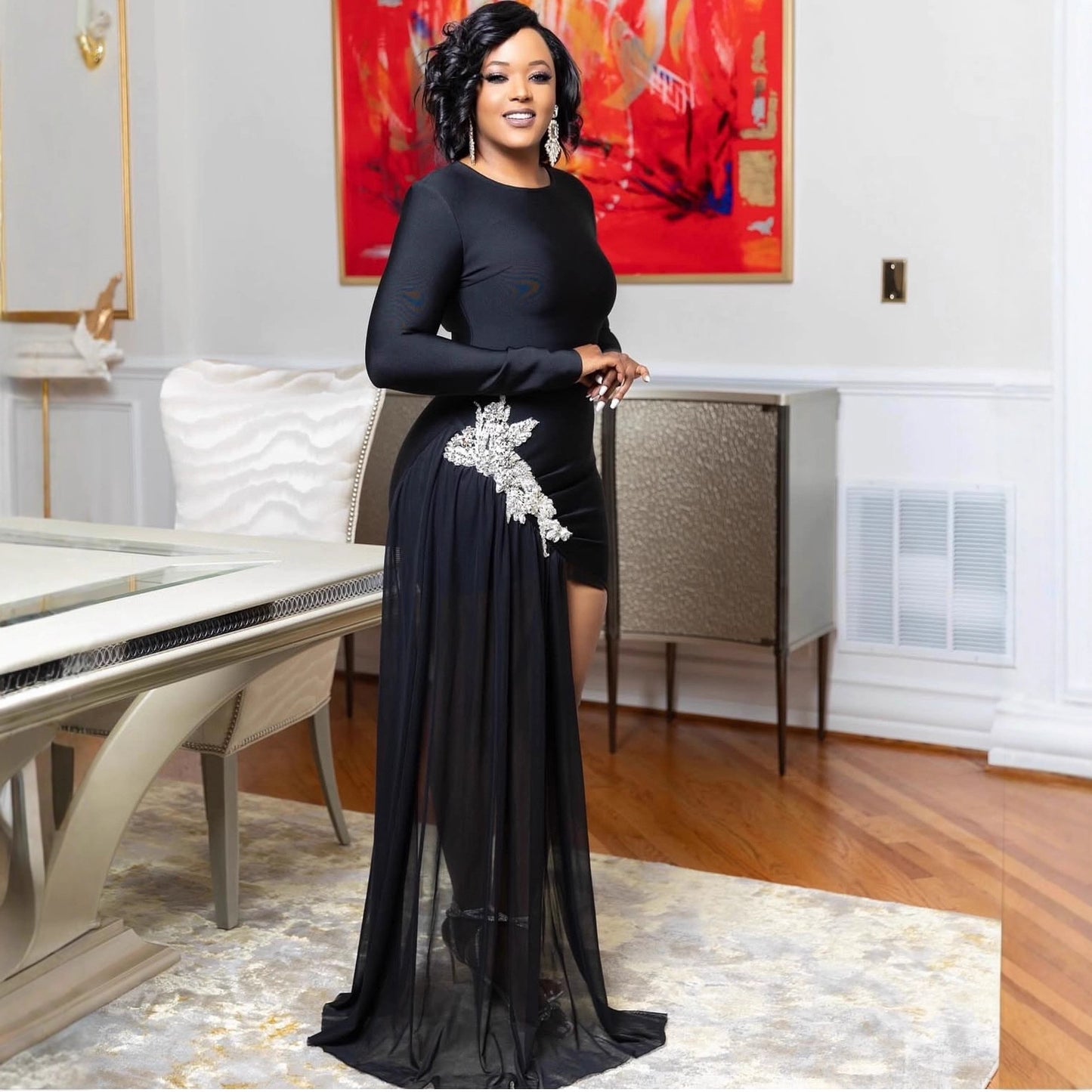 Diamond Rhinestone Slim Fit Long Sleeve Dress