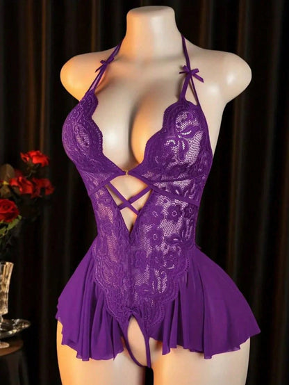 Sheer Lace Nightgown with Open Crotch