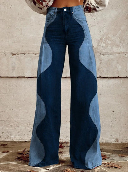 Digital Printed Five-Pointed Star Faux Denim Wide-Leg Pants, 3D Flared Trousers