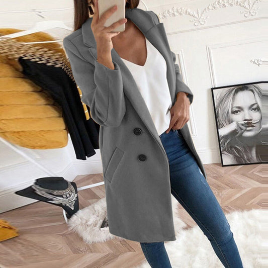 Solid Color Lapel Mid Length Button Wool Coat