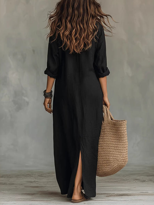 Womens Casual Solid Color V-Neck Slit Dress