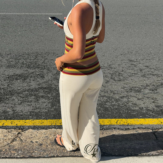 Striped Crop Top and Flared Pants Set