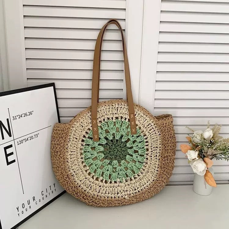 Round Woven Straw Tote Bag