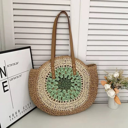 Round Woven Straw Tote Bag