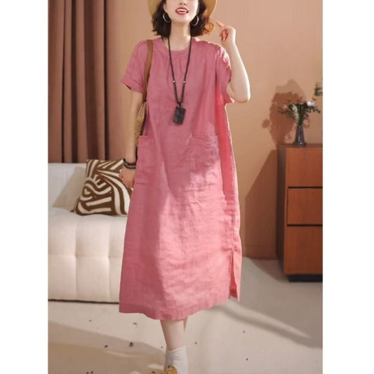 Round Neck Dress with Large Pockets