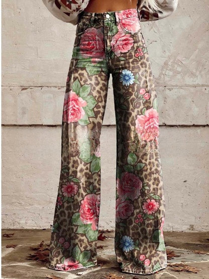 Digital Printed Five-Pointed Star Faux Denim Wide-Leg Pants, 3D Flared Trousers